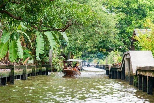 Het lokale en primitieve leven langs de weelderige kanalen van Bangkok